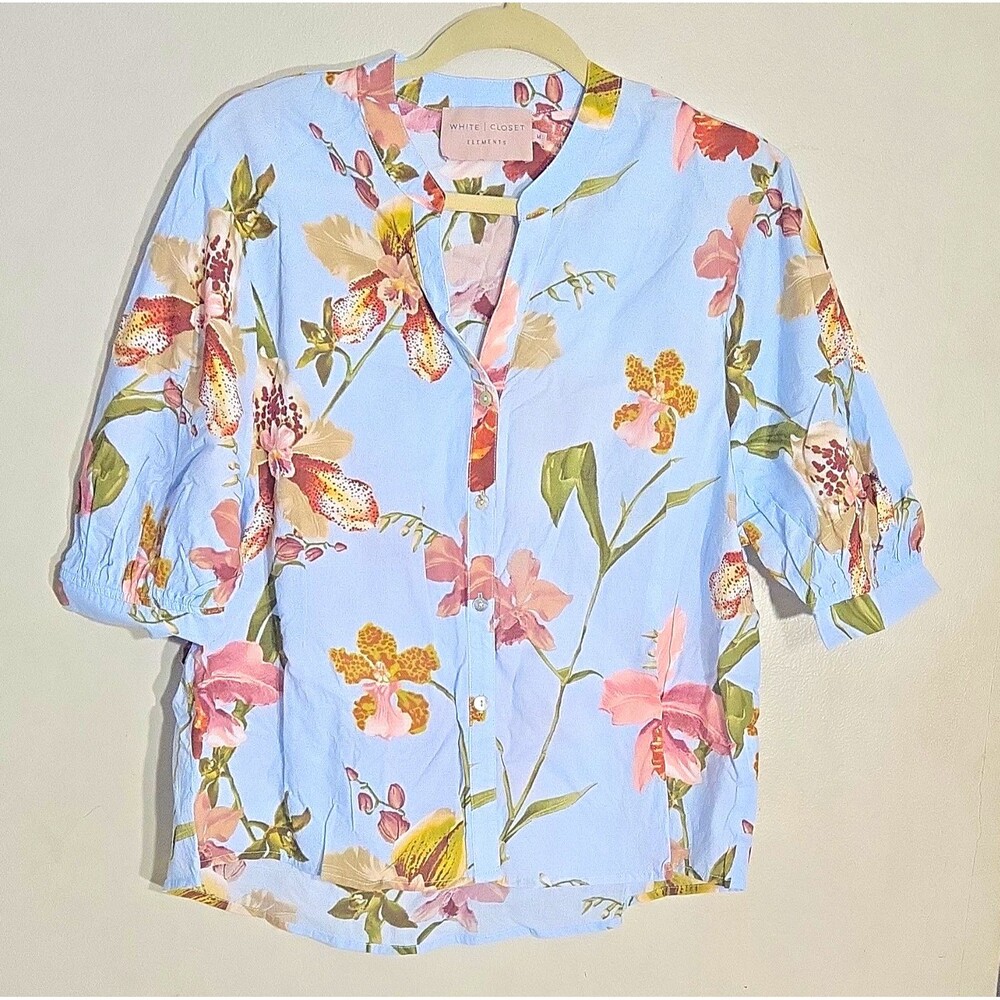 White Closet Womens M Floral V-Neck Button-Front Blouse 3/4 Puff Sleeve Blue